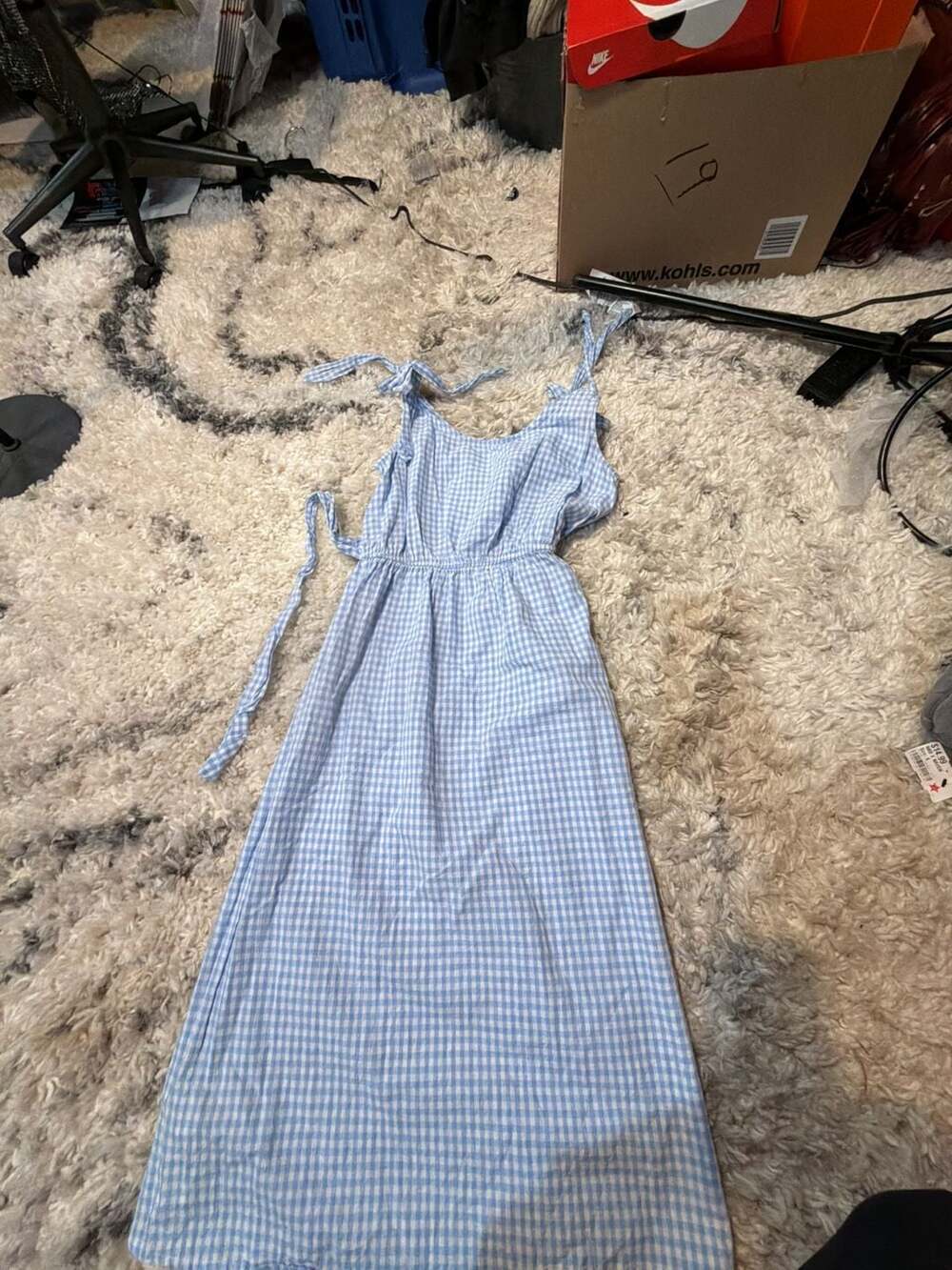 Mango Casual Blue and White Gingham Midi Dress with Tie-Straps